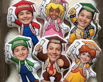 Custom Mario Graduation Pillow, Personalized Face Kids Grad Gift Cartoon, Cushion Class of 2024 Gift, Cute Gaming Pillow