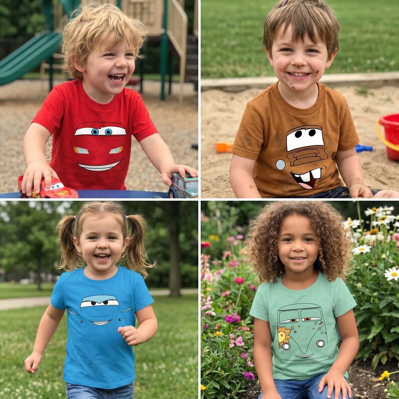 May include: Four children wearing t-shirts with cartoon car designs. The shirts are red, brown, blue, and green. The red shirt features a smiling car face, the brown shirt has a truck face, the blue shirt has a car face, and the green shirt has a van face.