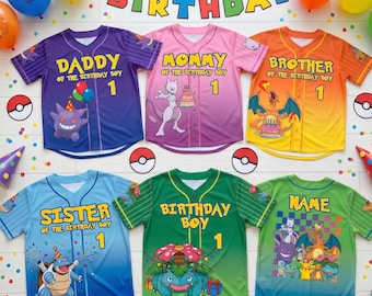 Pokemon Birthday Baseball Jersey, Pikachu Charizard Gengar Family Matching Shirt, Custom Pokemon Birthday Outfit Kids