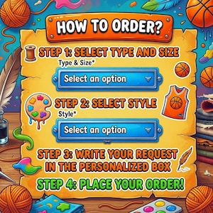 Peut inclure: Illustration color&eacute;e avec des instructions de commande. Les &eacute;tapes comprennent la s&eacute;lection du type et de la taille, du style, la r&eacute;daction d'une demande et la passation d'une commande. &Eacute;l&eacute;ments d&eacute;coratifs : ballons de basket, palette de peinture et fil.