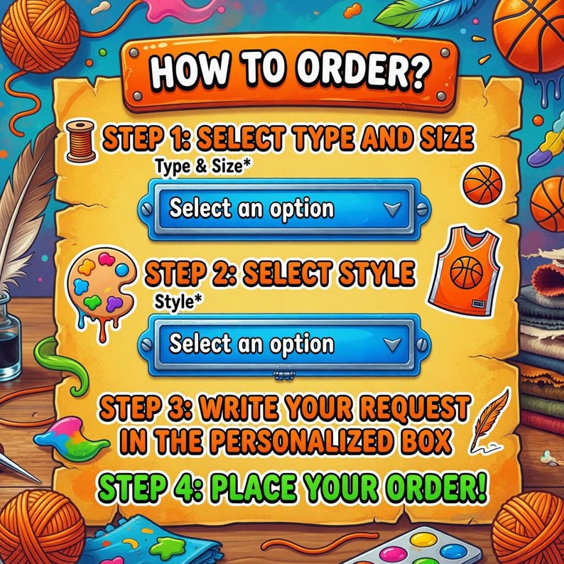 Peut inclure: Illustration color&eacute;e avec des instructions de commande. Les &eacute;tapes comprennent la s&eacute;lection du type et de la taille, du style, la r&eacute;daction d'une demande et la passation d'une commande. &Eacute;l&eacute;ments d&eacute;coratifs : ballons de basket, palette de peinture et fil.