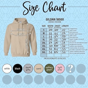 May include: A tan unisex hoodie with a size chart. The chart lists measurements in inches for width, chest, and length, ranging from size S to 5XL. The hoodie is made of a cotton and polyester blend.