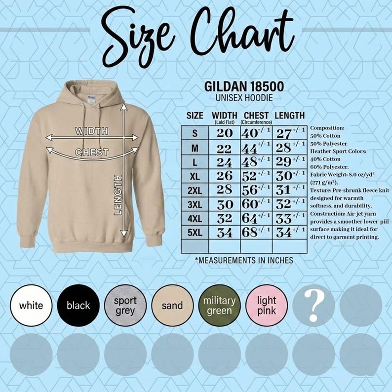 May include: A tan unisex hoodie with a size chart. The chart lists measurements in inches for width, chest, and length, ranging from size S to 5XL. The hoodie is made of a cotton and polyester blend.