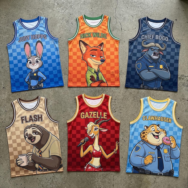 Puede incluir: Seis camisetas de baloncesto coloridas con personajes de una pel&iacute;cula de dibujos animados. Las camisetas tienen los nombres "Judy Hopps", "Nick Wilde", "Chief Bogo", "Flash", "Gazelle" y "Clawhauser" impresos. Cada camiseta tiene una ilustraci&oacute;n de personaje diferente y un fondo a cuadros.