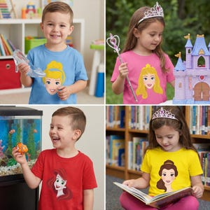 以下が含まれることがあります： 青、ピンク、赤、黄色の4色の子供用Tシャツ。それぞれに漫画のプリンセスの顔が描かれています。青いシャツはシンデレラ、ピンクのシャツはオーロラ、赤いシャツはアリエル、黄色いシャツはベルです。