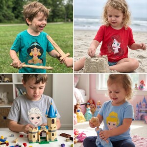 以下が含まれることがあります： ディズニーのプリンセスグラフィックがプリントされたTシャツを着た子供たちの4つの画像。1人の子供はジャスミンがプリントされたティール色のシャツ、別の子供はアリエルがプリントされた赤いシャツ、3人目はエルサがプリントされたグレーのシャツ、そして最後はシンデレラがプリントされた青いシャツを着ています。