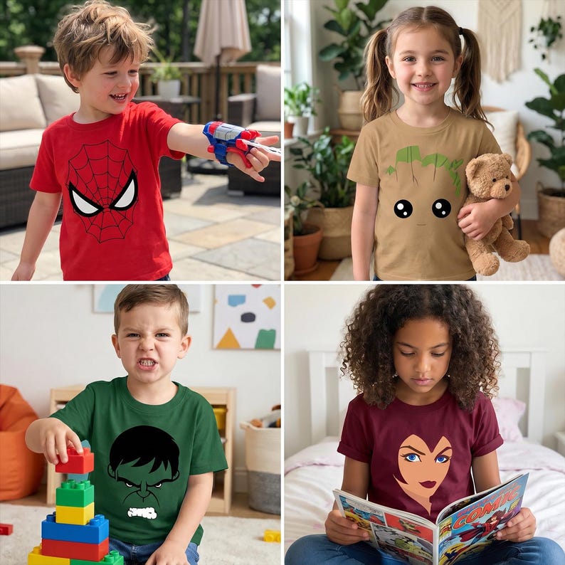 May include: Four children wearing superhero-themed t-shirts. The shirts feature Spider-Man, Groot, Hulk, and Scarlet Witch designs. The children are in various settings, including outdoors and indoors, and are engaged in different activities.