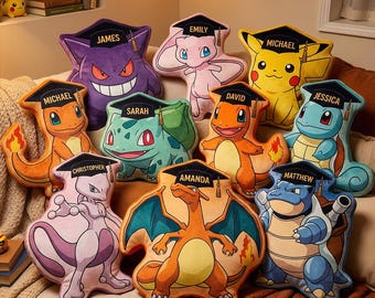 Personalized PKM Graduate Heart Pillow, Custom Name Pillow, Poke Monster Eevee Charmander Squirtle Bulbasaur, Kids Birthday Gift