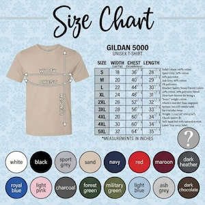 May include: A beige Gildan 5000 unisex t-shirt with a size chart. The chart lists measurements in inches for width, chest, and length, ranging from size S to 5XL. Color options include white, black, and navy.