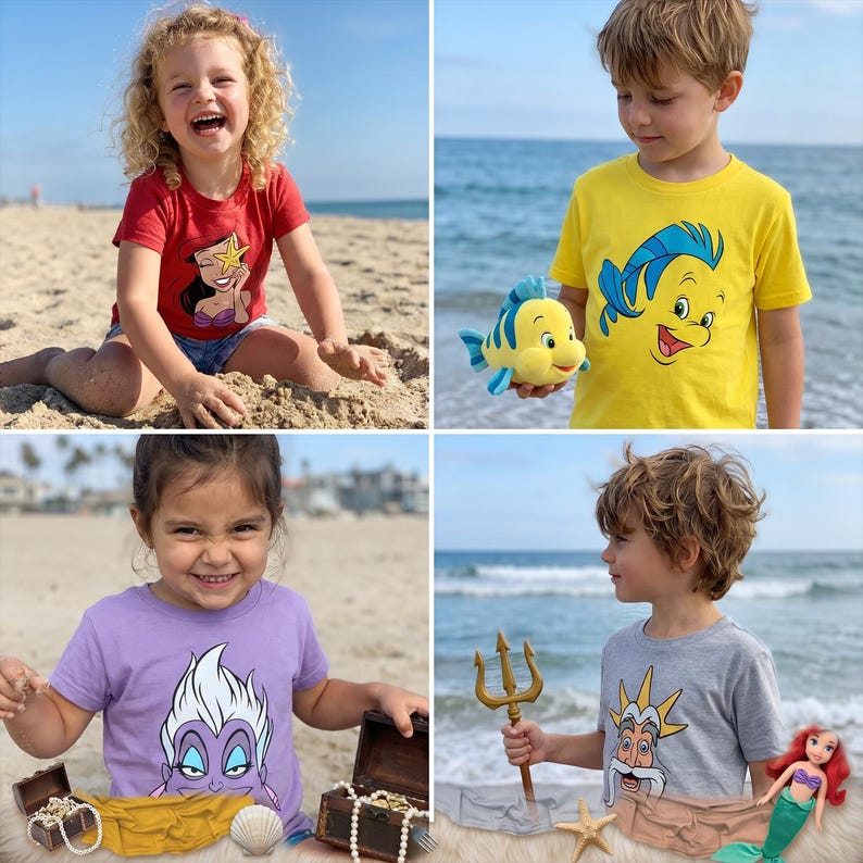 May include: Four photos of children at the beach wearing Little Mermaid-themed t-shirts. One child wears a red shirt with Ariel, another a yellow shirt with Flounder, a third a purple shirt with Ursula, and the last a gray shirt with King Triton.
