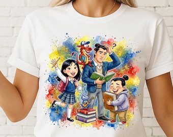 Disegno di maglietta con principessa e amiche della scuola in acquerello Png, acquerello scolastico con glitter colorati Png, scarica file