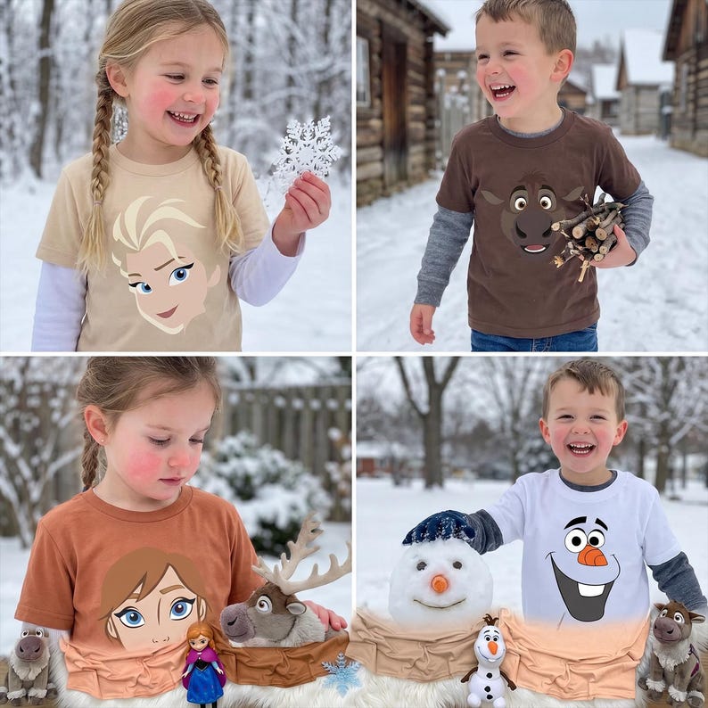 May include: Four children's t-shirts featuring characters from the movie Frozen. The shirts are tan, brown, and white, with long-sleeved undershirts. The characters include Elsa, Sven, Anna, and Olaf. The children are smiling and playing in the snow.
