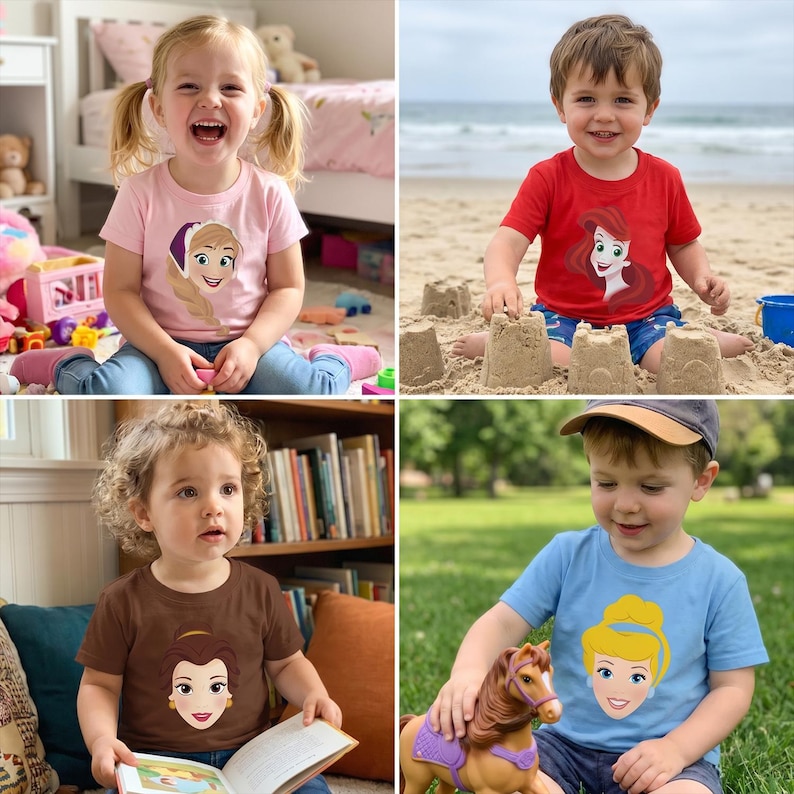以下が含まれることがあります： ディズニーのプリンセスグラフィックが特徴の子供用Tシャツ4枚。シャツはピンク、赤、茶色、青です。ピンクのシャツにはアナのグラフィック、赤いシャツにはアリエルのグラフィック、茶色のシャツにはベルのグラフィック、青いシャツにはシンデレラのグラフィックがあります。
