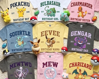 PKM Family Birthday Shirt Comfort Colors Bulbasaur Eevee Matching Family Tee Custom Birthday Boy Girl Dad Mom Gift, Y2k Shirt