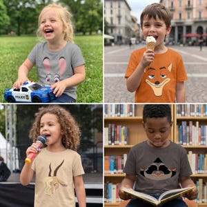 May include: A collage of four children wearing graphic t-shirts. The shirts feature cartoon animal characters in various colors. One child holds a toy police car. The background includes grass, a city street, and a library.
