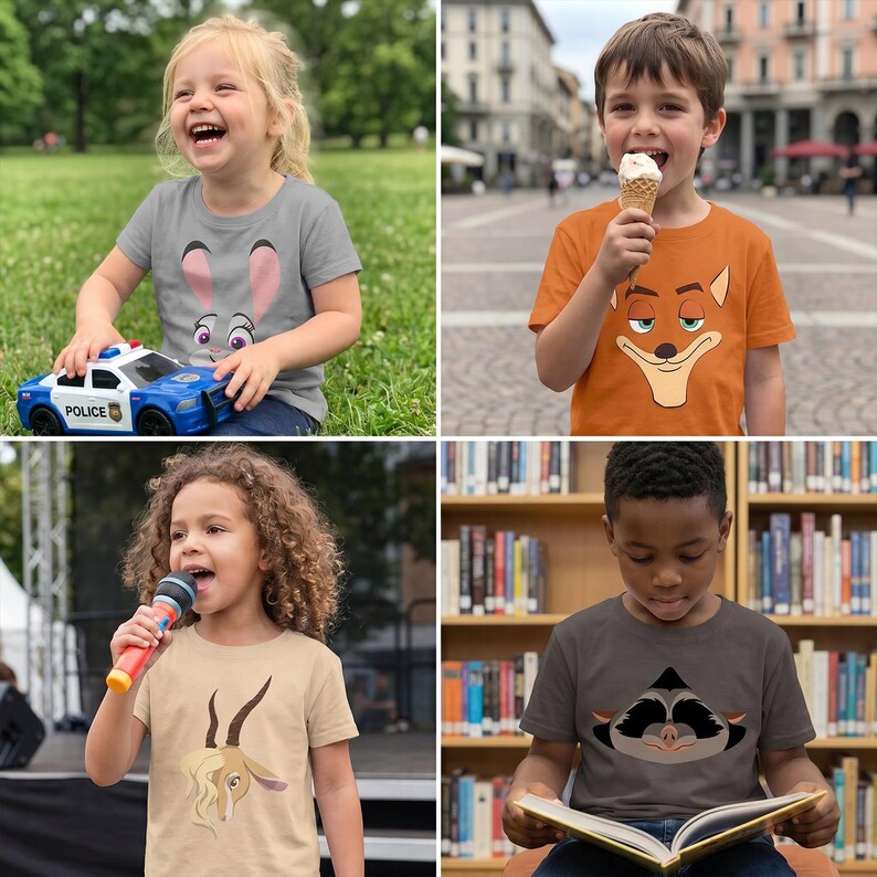 May include: A collage of four children wearing graphic t-shirts. The shirts feature cartoon animal characters in various colors. One child holds a toy police car. The background includes grass, a city street, and a library.