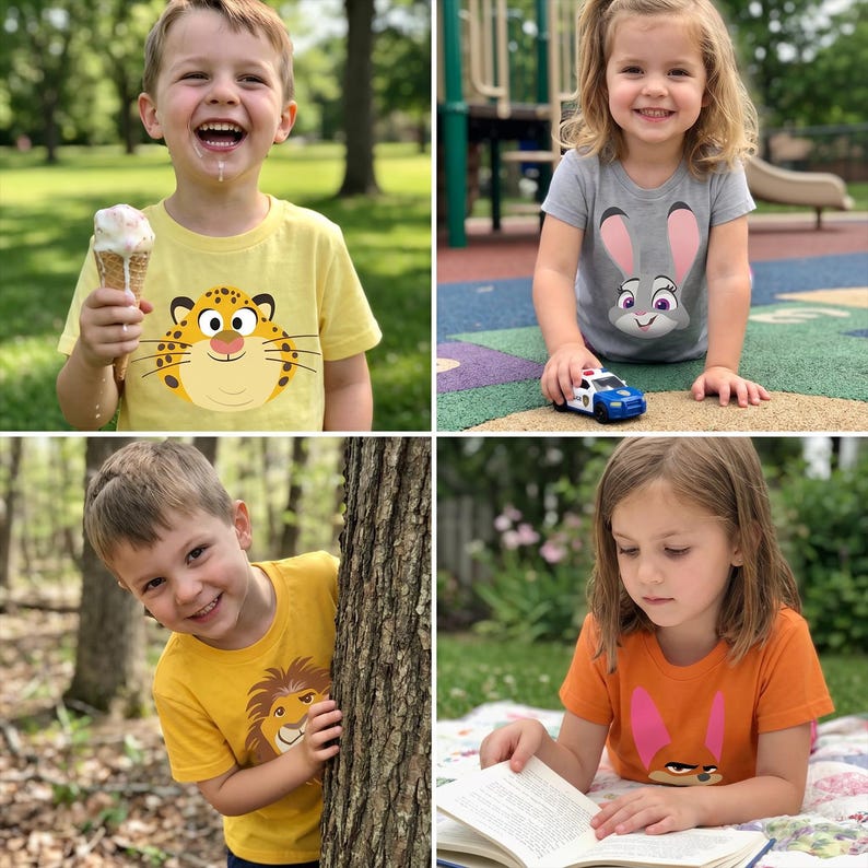 May include: Four images of children wearing graphic t-shirts. One child wears a yellow shirt with a leopard design and holds an ice cream cone. Another wears a gray shirt with a bunny design and plays with a toy car. A third child wears a yellow shirt with a lion design. The last child wears an orange shirt with a bunny design and reads a book.
