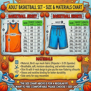 Peut inclure: Tableau des tailles et mat&eacute;riaux d'un ensemble de basketball pour adultes. Le tableau comprend les mesures des maillots et des shorts. Le maillot orange a un col en V et le short bleu a un cordon de serrage. Les mat&eacute;riaux sont respirants, absorbants et infroissables.