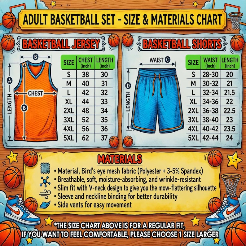 Peut inclure: Tableau des tailles et mat&eacute;riaux d'un ensemble de basketball pour adultes. Le tableau comprend les mesures des maillots et des shorts. Le maillot orange a un col en V et le short bleu a un cordon de serrage. Les mat&eacute;riaux sont respirants, absorbants et infroissables.