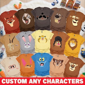 May include: A collection of colorful t-shirts featuring cartoon character faces. The shirts are in various colors, including brown, gray, yellow, and blue. The text "CUSTOM ANY CHARACTERS" is at the bottom of the image.