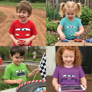 May include: Four children wearing t-shirts with car-themed graphics. The shirts are red, teal, green, and purple. The children are playing with toy cars and a race track. One child is holding a checkered flag.