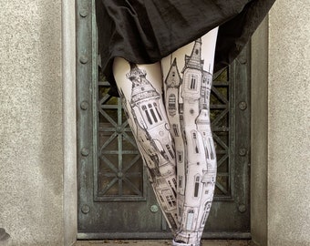 Victorian City Print Leggings – Whimsical Architectural Art Leggings