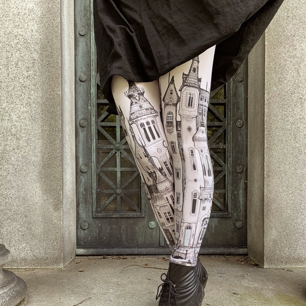 Printed Leggings -  Victorian City womens leggings, zeppelins, art Leggings , tights, bottoms, Fox Savant nee Carousel INK Leggings