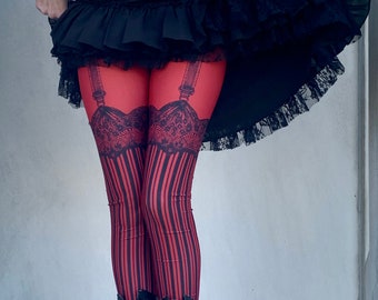 Red Burlesque Garter leggings, faux garter leggings, Womens tights, stockings, bottoms, tights,