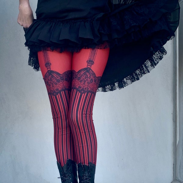 Red Burlesque Garter leggings, faux garter leggings, Womens tights, stockings, bottoms, tights,