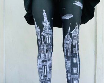 Printed City Leggings - womens leggings, victorian city, zeppelins, art Leggings , tights, bottoms, Fox Savant nee Carousel INK Leggings
