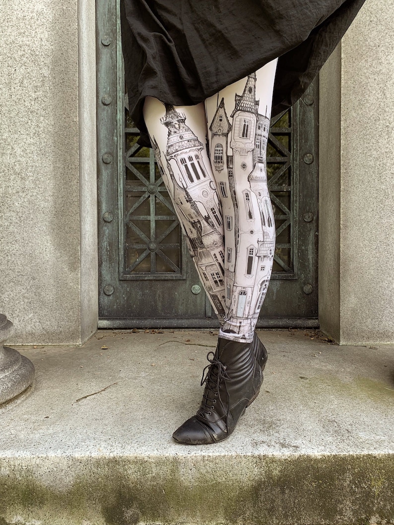 Printed Leggings Victorian City womens leggings, zeppelins, art Leggings , tights, bottoms, Fox Savant nee Carousel INK Leggings image 1