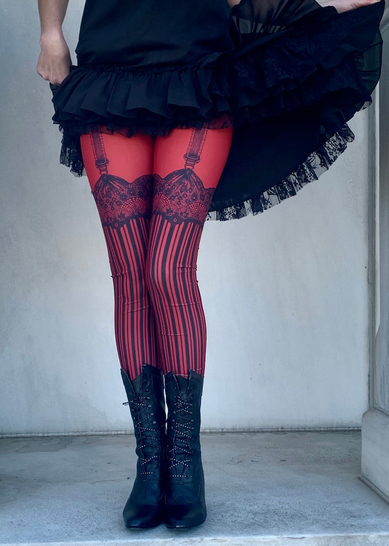 Red Burlesque Garter Leggings Tights Garter Leggings Womens Etsy