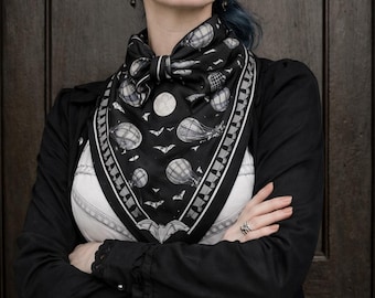 Hot Air Balloon Scarf, Moonlit Night Print, Microfiber Wrap, Bat Border Design