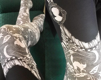 Printed OCTOBER Lace Legging - Womens Legging - faux thigh high Lace - Grey Legging - moon cat bat stars owl flowers - Halloween art