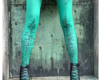 Green Redwood FOREST Leggings - Emerald Leggings -  ufos forest leggings redwood legwear