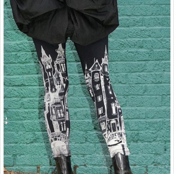 Black Victorian City Leggings, Womens Black Leggings, tights,  womens pants, bottoms, printed tights, yoga, athletic wear bottoms