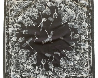 Midnight Garden Scarf, Dragonfly Lotus Print, Poly Chiffon Wrap