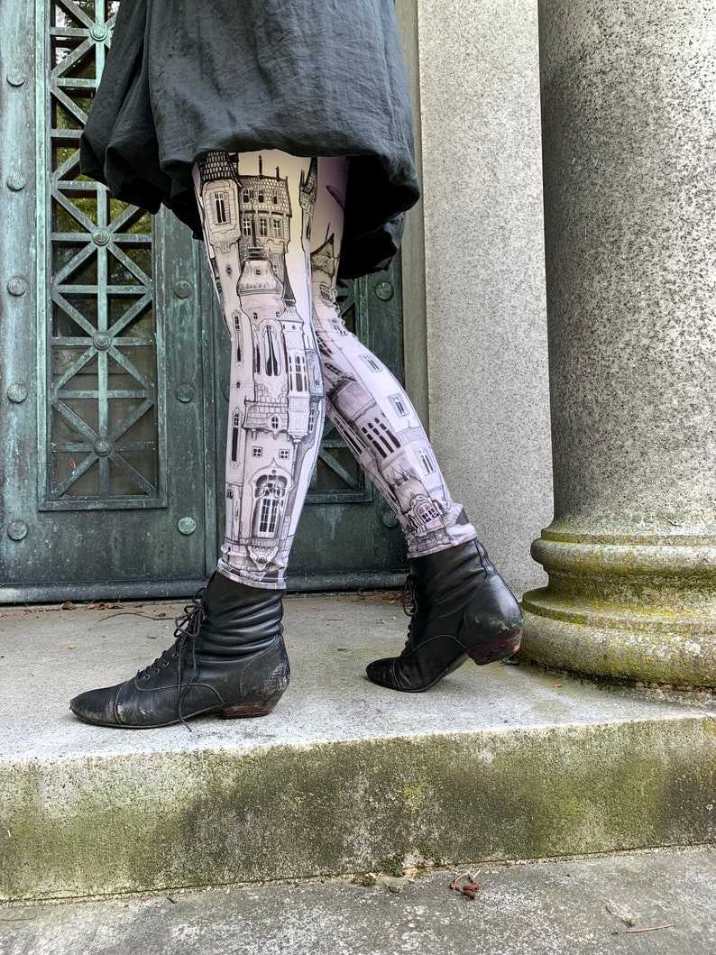 Printed Leggings Victorian City womens leggings, zeppelins, art Leggings , tights, bottoms, Fox Savant nee Carousel INK Leggings image 4