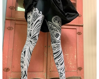 FILIGREE Leggings ~ Art Nouveau Butterfly yoga leggings black white swirl legwear foxsavant