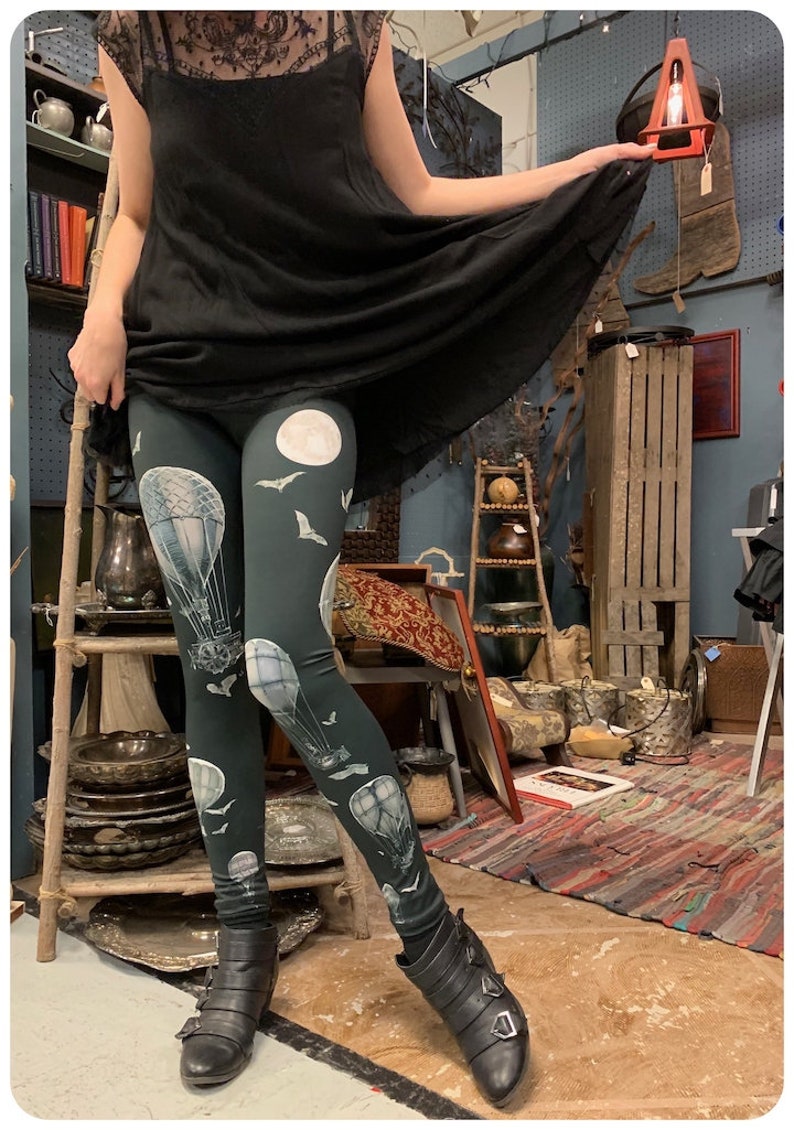 Hot Air Balloon Leggings Bats, Full Moon Leggings Printed Leggings , tights, bottoms, Fox Savant nee Carousel INK Black Leggings image 6