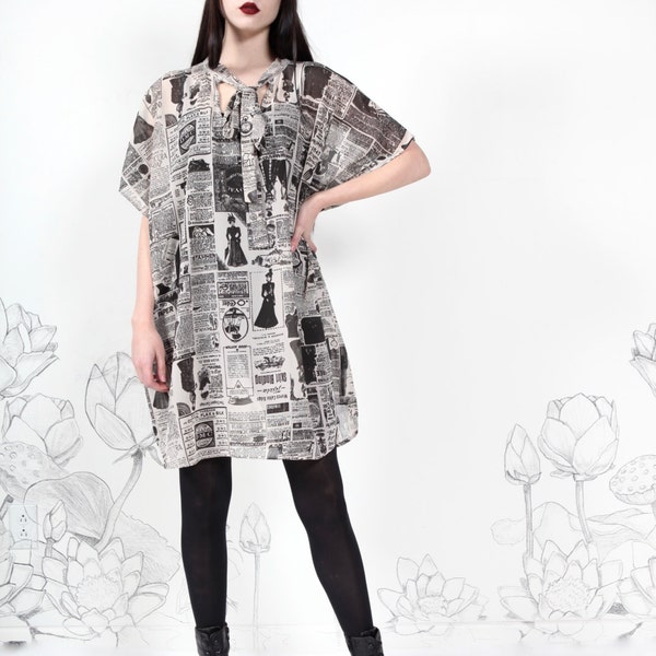 Newsprint Oversize Tunic by Carousel Ink - One Size Bow tie Fable Fantasy Dress Wearable Art