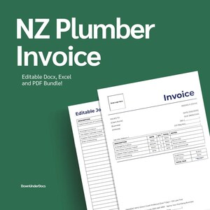 May include: A green background with the text "NZ Plumber Invoice" in white. Below, it says "Editable Docx, Excel and PDF Bundle!". Two white invoices are visible, with details like "Invoice", "Description", and "Total Due".