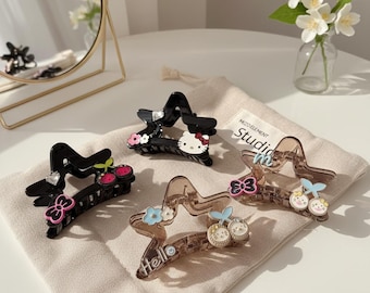 Kawaii Star Hair Claw Clip, Cute Acrylic Y2K Accessory with Cherry and Puppy Charms, Aesthetic Small Hair Grip Gift for Her and Teen Girls