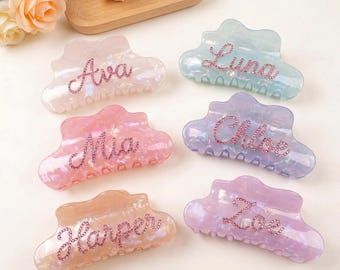 Personalized Name Cloud Hair Claw, Custom Rhinestone Acetate Hair Clip, Large Cellulose Acetate Hair Jaw for Thick Hair, Gift for Her