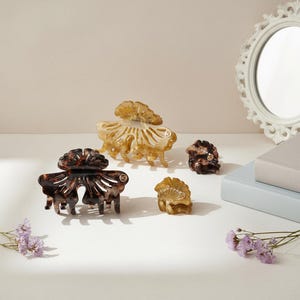 Op de afbeelding: Een assortiment haarclips in verschillende maten en kleuren. De clips zijn in bruin-, beige- en transparante tinten, met een schelpachtig ontwerp. Ze zijn gerangschikt op een wit oppervlak, met een spiegel en bloemen op de achtergrond.