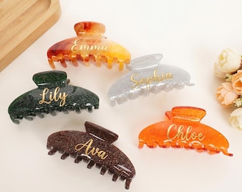 Custom Name Acetate Hair Claw Clips Large Sparkly Hair Jaws with Gold Glitter Personalized Bridesmaid Gift Custom Hair Accessories
