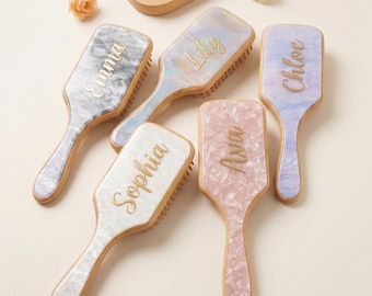 Personalized Marble Acetate Hair Brush, Custom Name Paddle Brush, Wood Handle Detangling Comb, Bridesmaid Gift, Hair Accessories for Her
