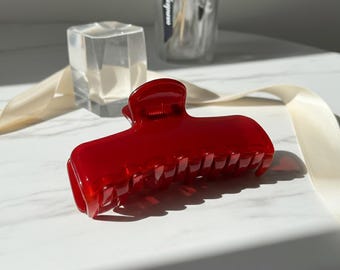 Red Glossy Hair Claw Clip, Large Rectangular Acetate Hair Accessory for Thick Hair, Bold Y2K Style Hair Catch for Women, Aesthetic Gift
