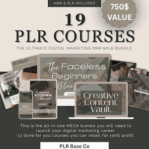 以下が含まれることがあります： デジタルマーケティングバンドルの広告。画像には「19 PLR COURSES」と「750$ VALUE」の文字が表示されています。 「The Faceless Beginners」や「Creative Content Vault」などのコースタイトルを表示するラップトップ、タブレット、電話のモックアップが含まれています。
