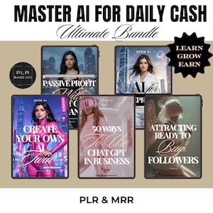 以下が含まれることがあります： 「MASTER AI FOR DAILY CASH Ultimate Bundle」と題されたデジタル製品バンドルの画像。このバンドルには、「Passive Profit」や「Create Your Own AI Twin」などのタイトルが付いたデジタル製品が含まれています。画像には「PLR & MRR」というテキストも表示されています。